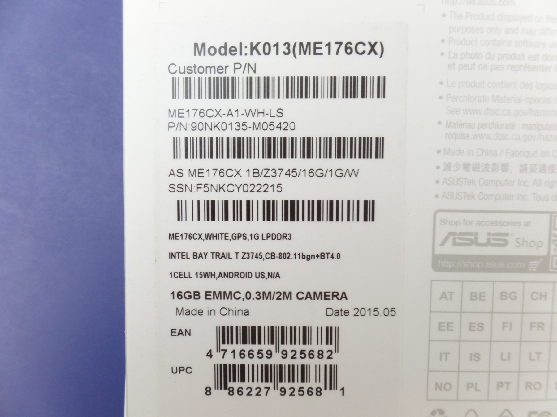 Asus Memo Pad K013 ME176CX 7" 1280x800 Atom Z3745 1GB 16GB Android 4.4