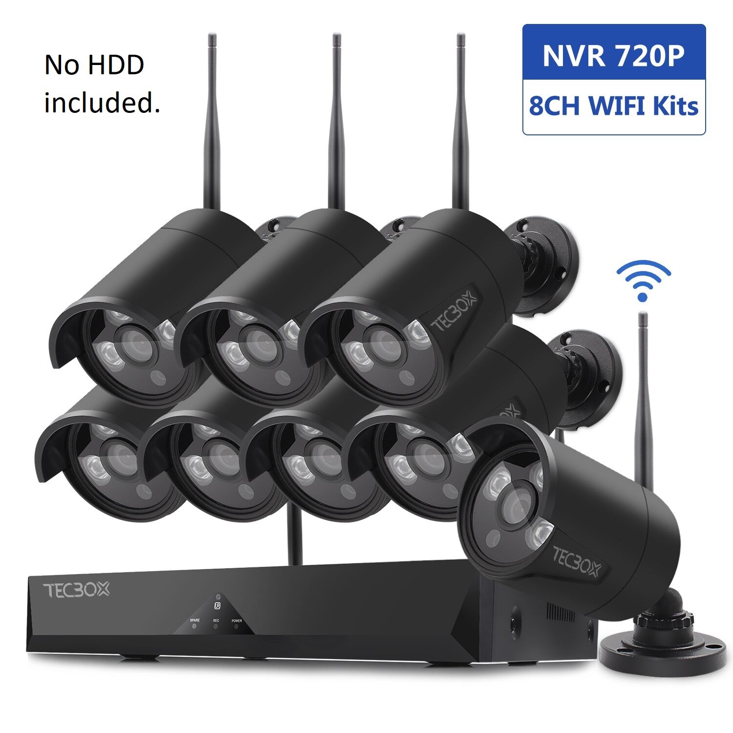 TECBOX 8-Ch NVR No Hard Drive Security Surveillance System with 8x 720p Cameras