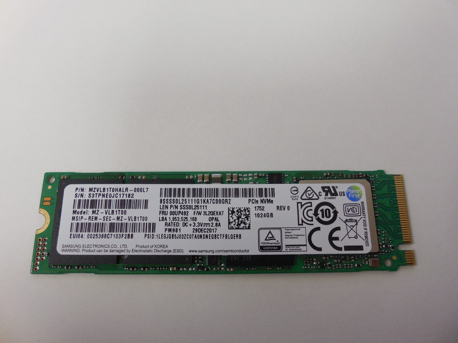 OEM Samsung MZ-VLB1T00 1TB SSD FRU 00UPP492 PM981 PCle NVMe M.2