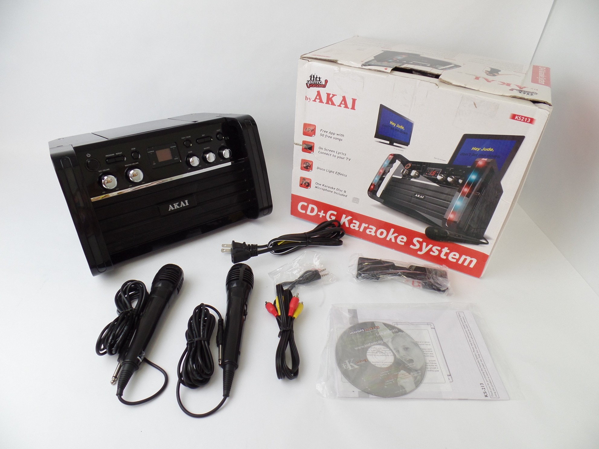 Akai CD+G Karaoke System KS213 Cradle w/ Line In Two Microphones SD