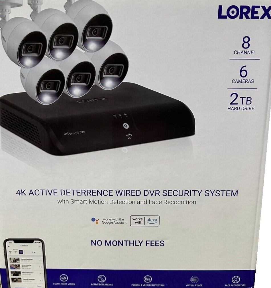 Lorex Security System with 6x Active Deterrence 4K Cameras 2TB DVR TD8712R8D6-E